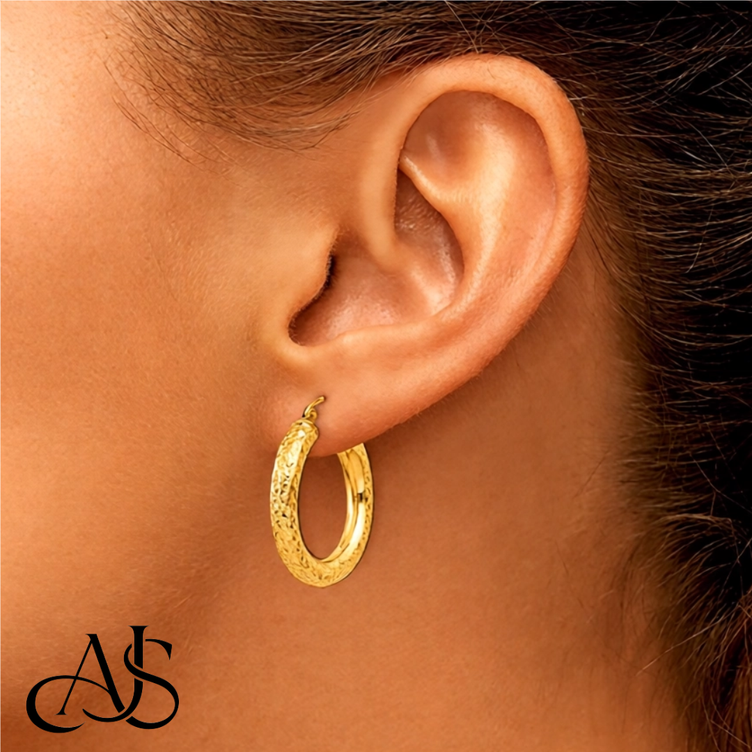 10K and 14K Yellow Gold Diamond-cut Texture Hoop Earrings - Lightweight Thin 4mm
