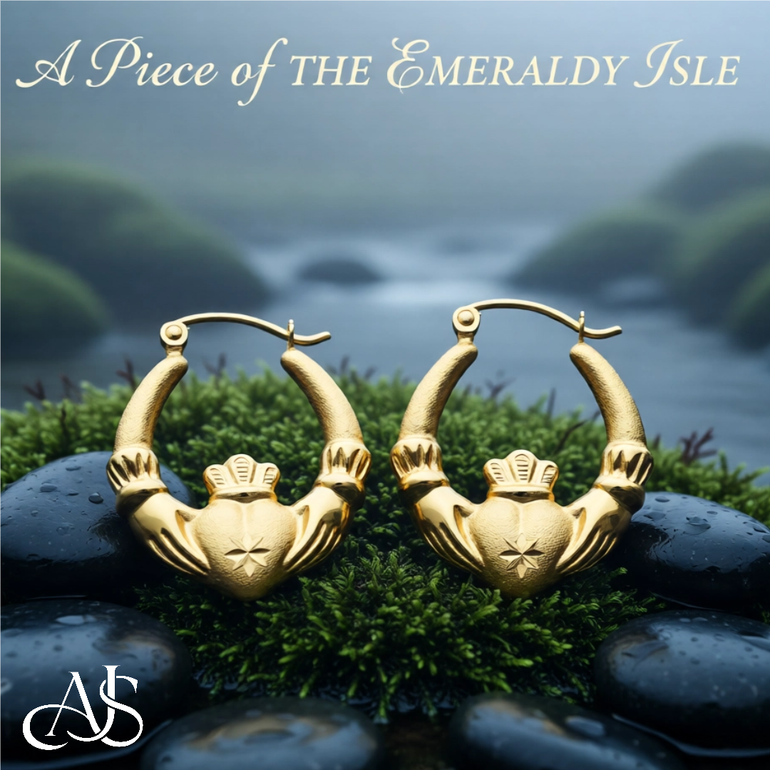 14K Yellow and White Gold Diamond-cut Finish Claddagh Hoop Earrings