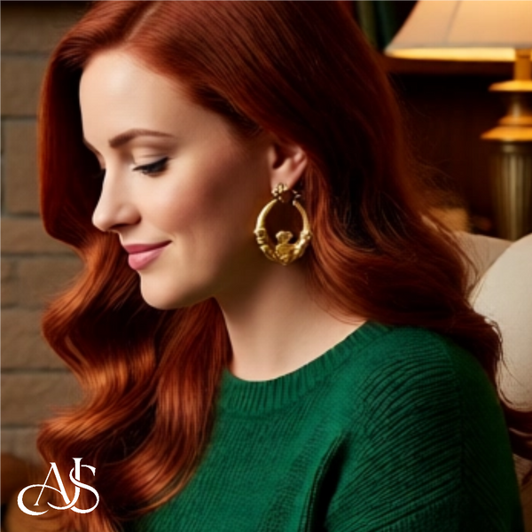 14K Yellow and White Gold Diamond-cut Finish Claddagh Hoop Earrings