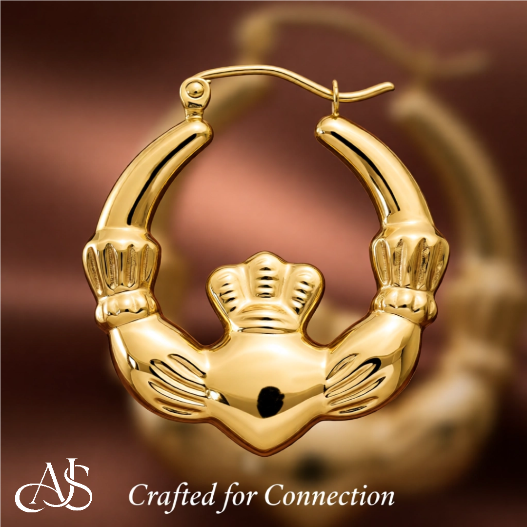 14K Yellow Gold Claddagh Hoop Earrings
