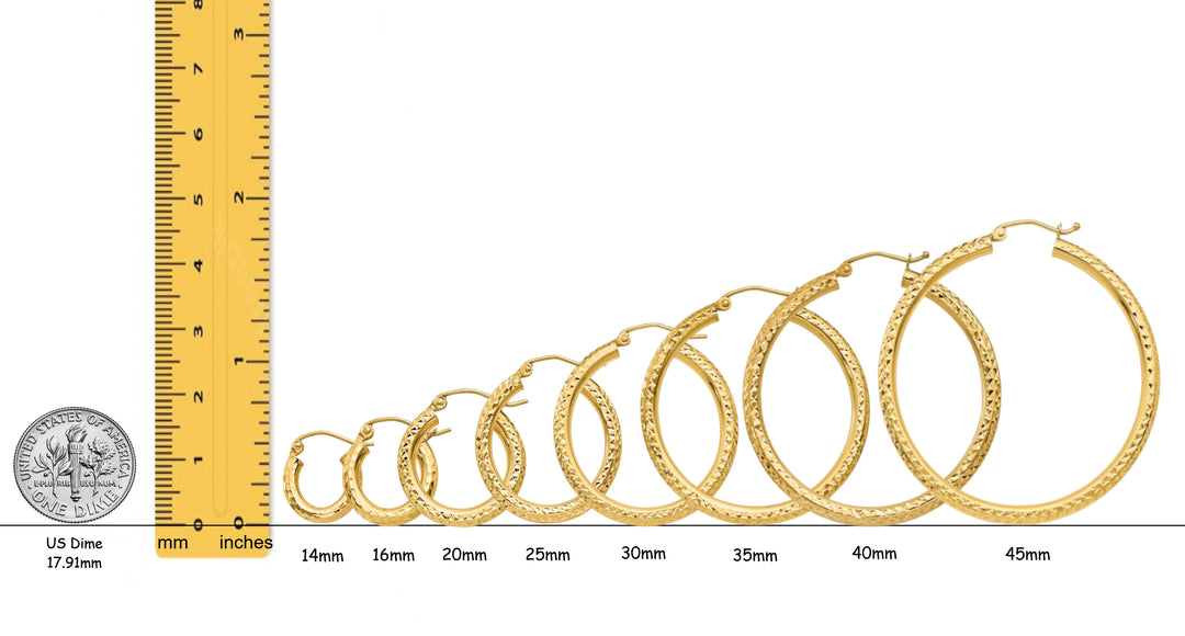 Gold Diamond-cut Texture Hoop Earrings - 10K and 14K Yellow, White and Rose Gold - Lightweight Thin 3mm