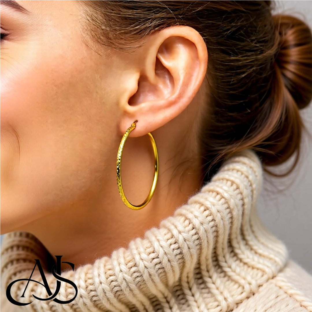 Gold Diamond-cut Texture Hoop Earrings - 10K and 14K Yellow, White and Rose Gold - Lightweight Thin 3mm