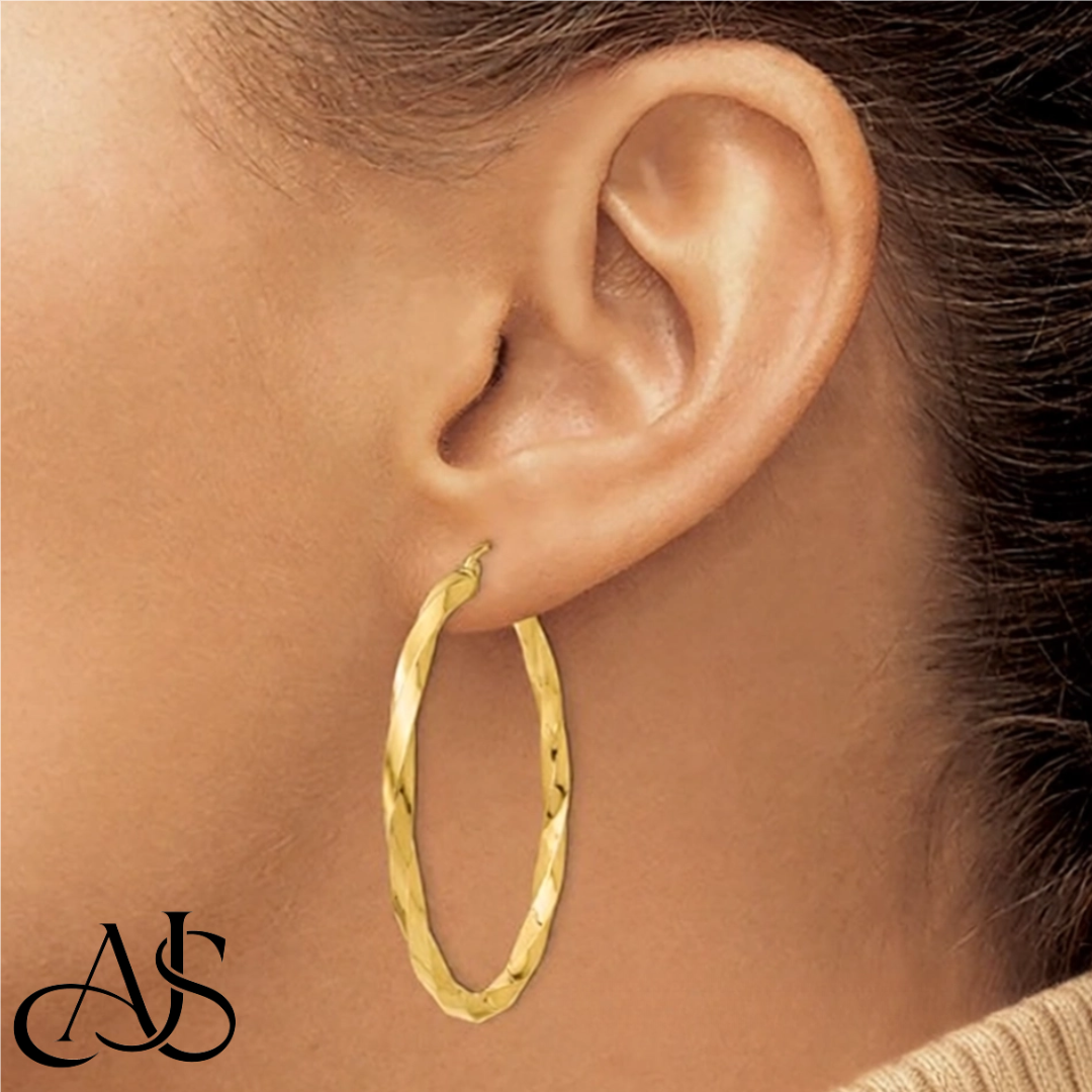 Gold Twisted Hoop Earrings - 10K and 14K Yellow and White Gold - Lightweight Thin 3mm