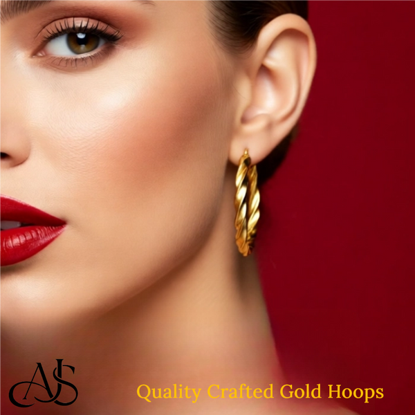 Gold Twisted Hoop Earrings - 14K Yellow and White Gold - Lightweight Thin 4mm