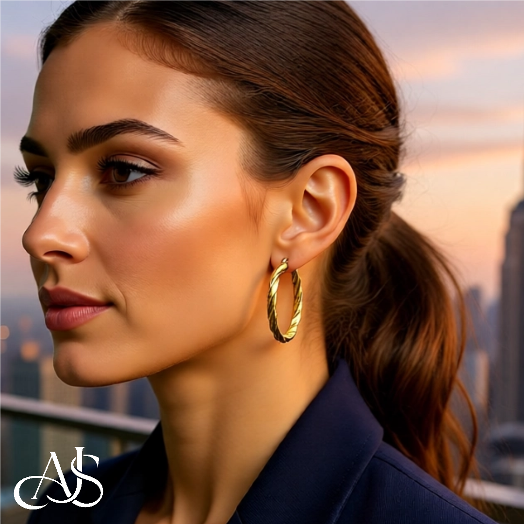 Gold Twisted Hoop Earrings - 14K Yellow and White Gold - Lightweight Thin 4mm