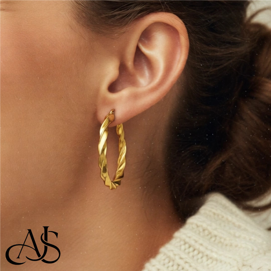 Gold Twisted Hoop Earrings - 14K Yellow and White Gold - Lightweight Thin 4mm