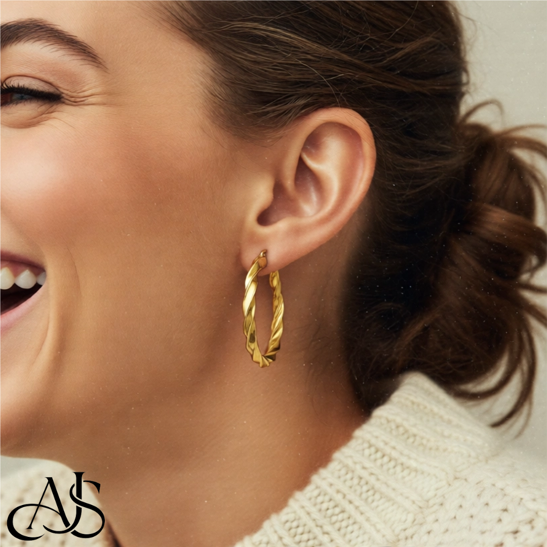 Gold Twisted Hoop Earrings - 14K Yellow and White Gold - Lightweight Thin 4mm