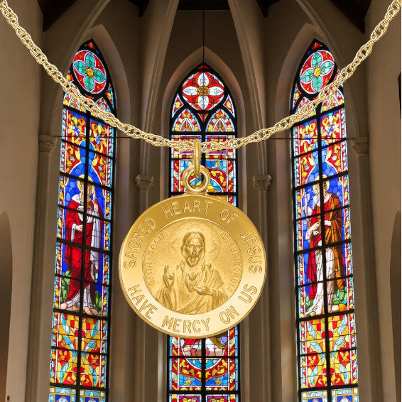Sacred Heart of Jesus Engravalbe Round Medal Pendants in 14K Yellow Gold Satin Finished