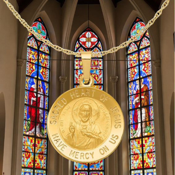Sacred Heart of Jesus Engravalbe Round Medal Pendants in 14K Yellow Gold Satin Finished