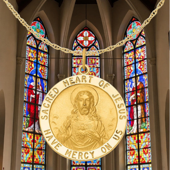 Sacred Heart of Jesus Engravalbe Round Medal Pendants in 14K Yellow Gold Satin Finished