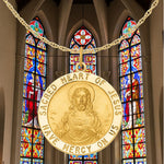Load image into Gallery viewer, Sacred Heart of Jesus Engravalbe Round Medal Pendants in 14K Yellow Gold Satin Finished
