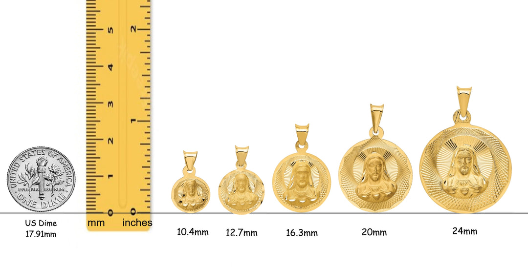 Jesus on Round Radiant Cut Disc Engravable Pendant in 14K Yellow Gold Satin Finished with Necklace Chain Options