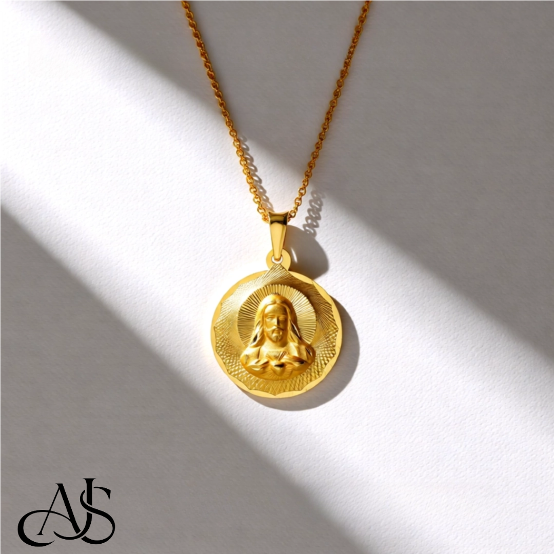 Jesus on Round Radiant Cut Disc Engravable Pendant in 14K Yellow Gold Satin Finished with Necklace Chain Options