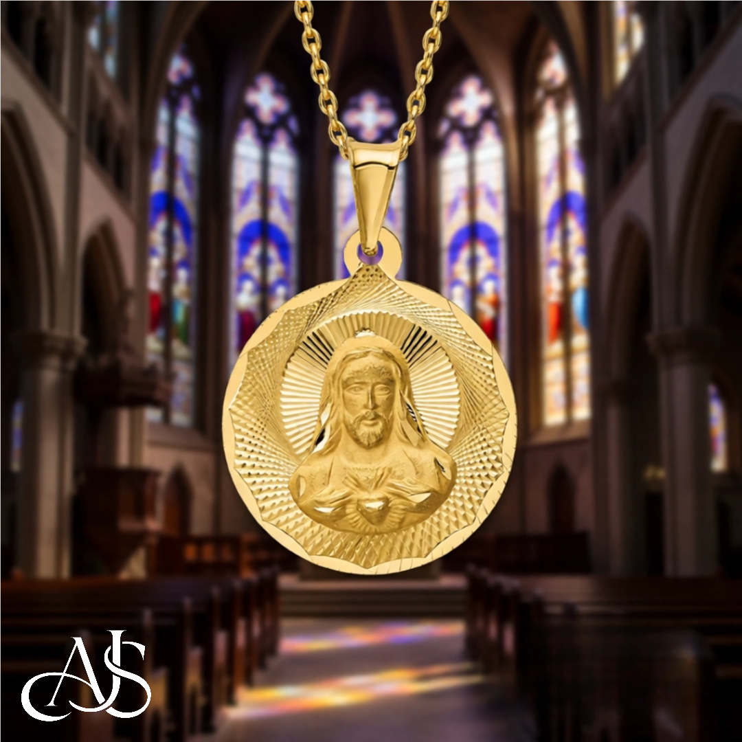 Jesus on Round Radiant Cut Disc Engravable Pendant in 14K Yellow Gold Satin Finished with Necklace Chain Options