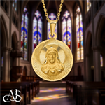 Load image into Gallery viewer, Jesus on Round Radiant Cut Disc Engravable Pendant in 14K Yellow Gold Satin Finished with Necklace Chain Options
