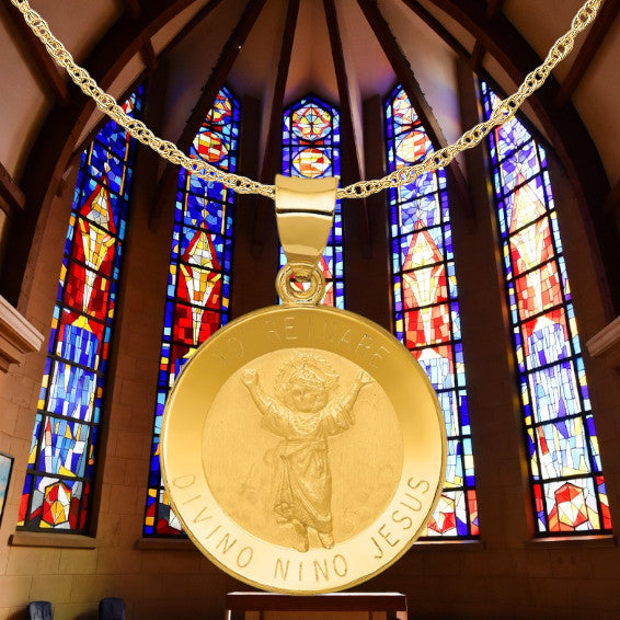 Divine Child Divino Nino Jesus Engravable Round Medal Pendants in 14K Yellow Gold Satin Finished Spanish  with Necklace Chain Options