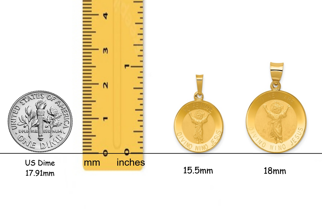 Divine Child Divino Nino Jesus Engravable Round Medal Pendants in 14K Yellow Gold Satin Finished Spanish  with Necklace Chain Options