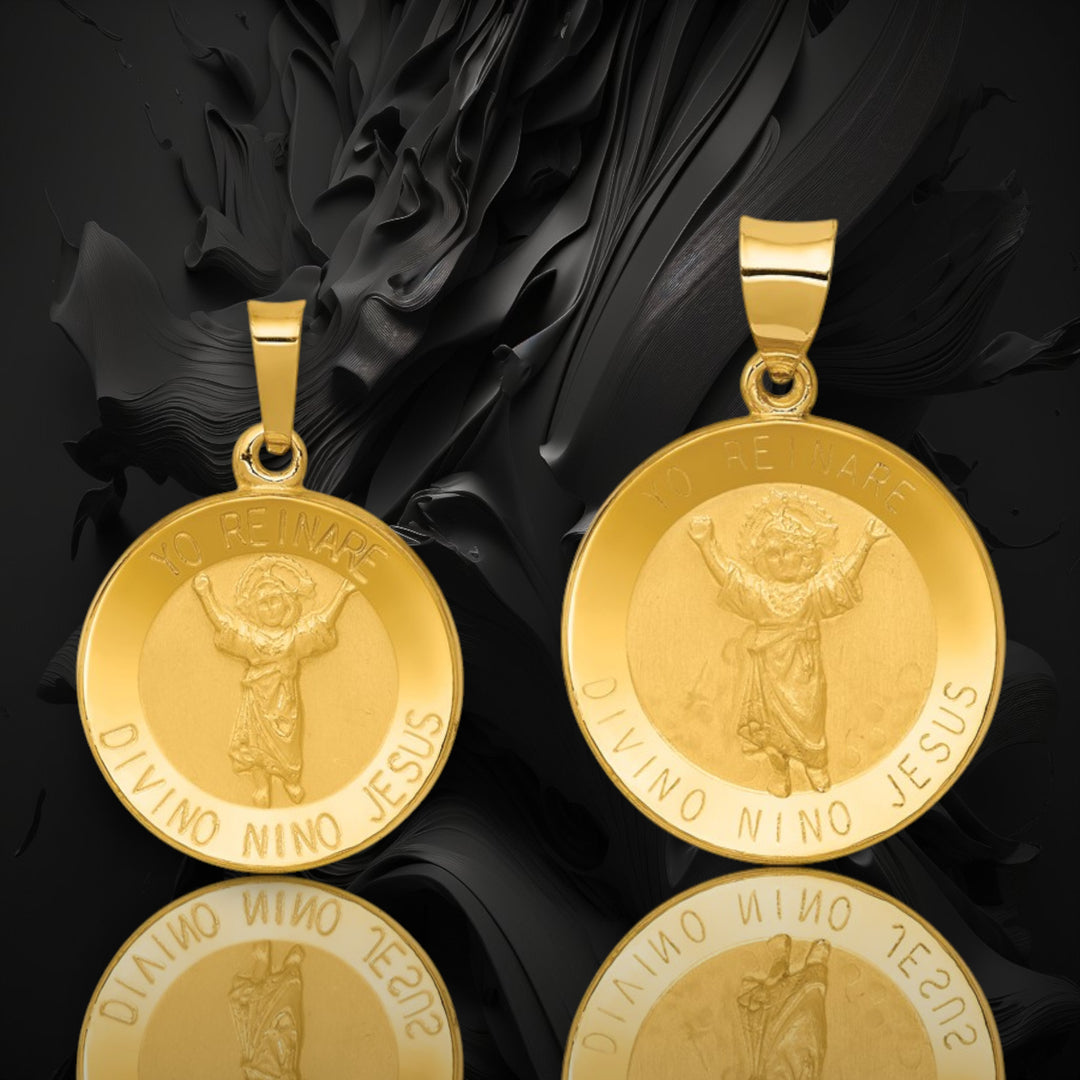 Divine Child Divino Nino Jesus Engravable Round Medal Pendants in 14K Yellow Gold Satin Finished Spanish  with Necklace Chain Options