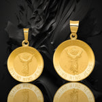 Load image into Gallery viewer, Divine Child Divino Nino Jesus Engravable Round Medal Pendants in 14K Yellow Gold Satin Finished Spanish  with Necklace Chain Options
