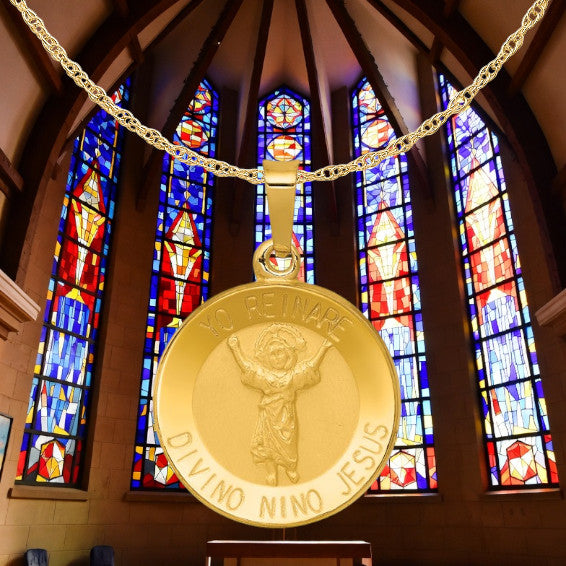 Divine Child Divino Nino Jesus Engravable Round Medal Pendants in 14K Yellow Gold Satin Finished Spanish  with Necklace Chain Options