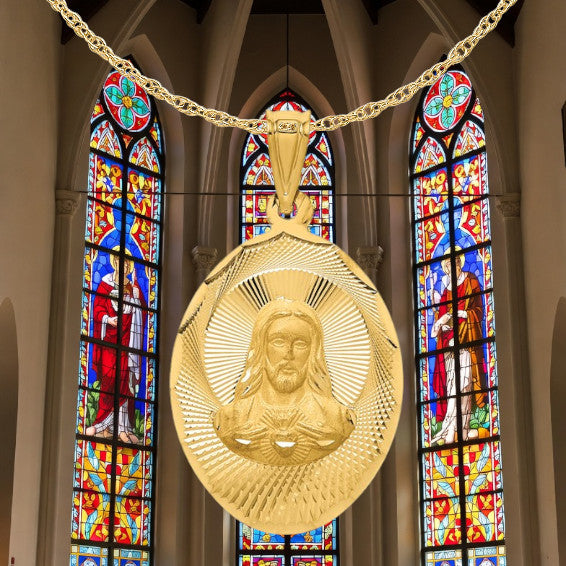 Jesus on Oval Radiant Cut Disc Engravable Pendant in 14K Yellow Gold Satin Finished with Necklace Chain Options