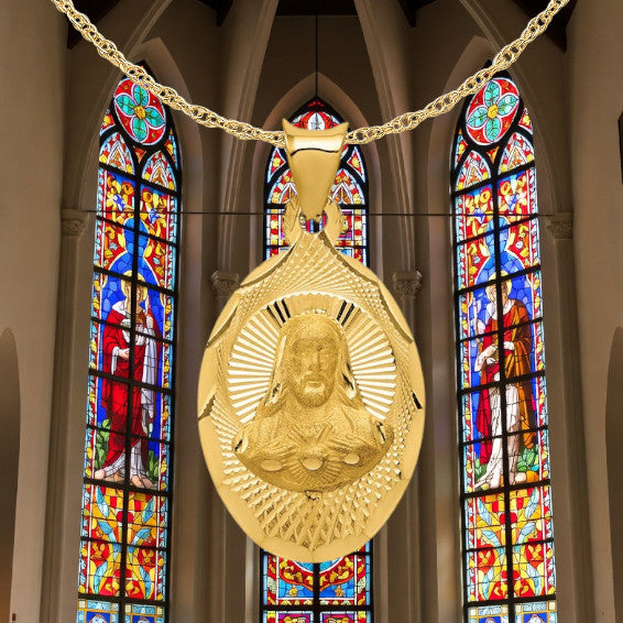 Jesus on Oval Radiant Cut Disc Engravable Pendant in 14K Yellow Gold Satin Finished with Necklace Chain Options