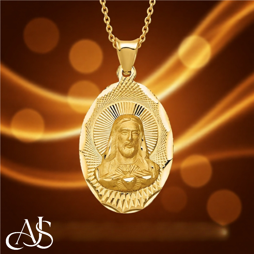 Jesus on Oval Radiant Cut Disc Engravable Pendant in 14K Yellow Gold Satin Finished with Necklace Chain Options