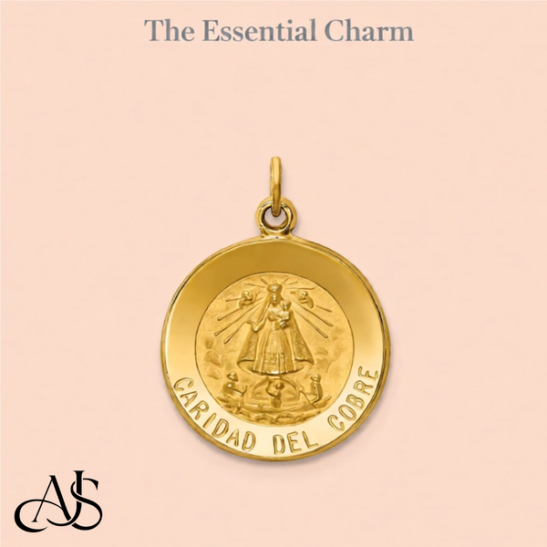 Caridad del Cobre Engravable Round Medal Pendants in 14K Yellow Gold Satin Finished  with Necklace Chain Options