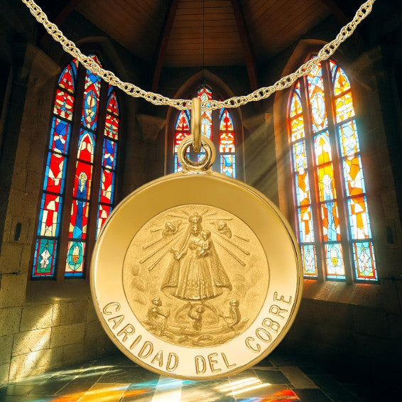 Caridad del Cobre Engravable Round Medal Pendants in 14K Yellow Gold Satin Finished  with Necklace Chain Options