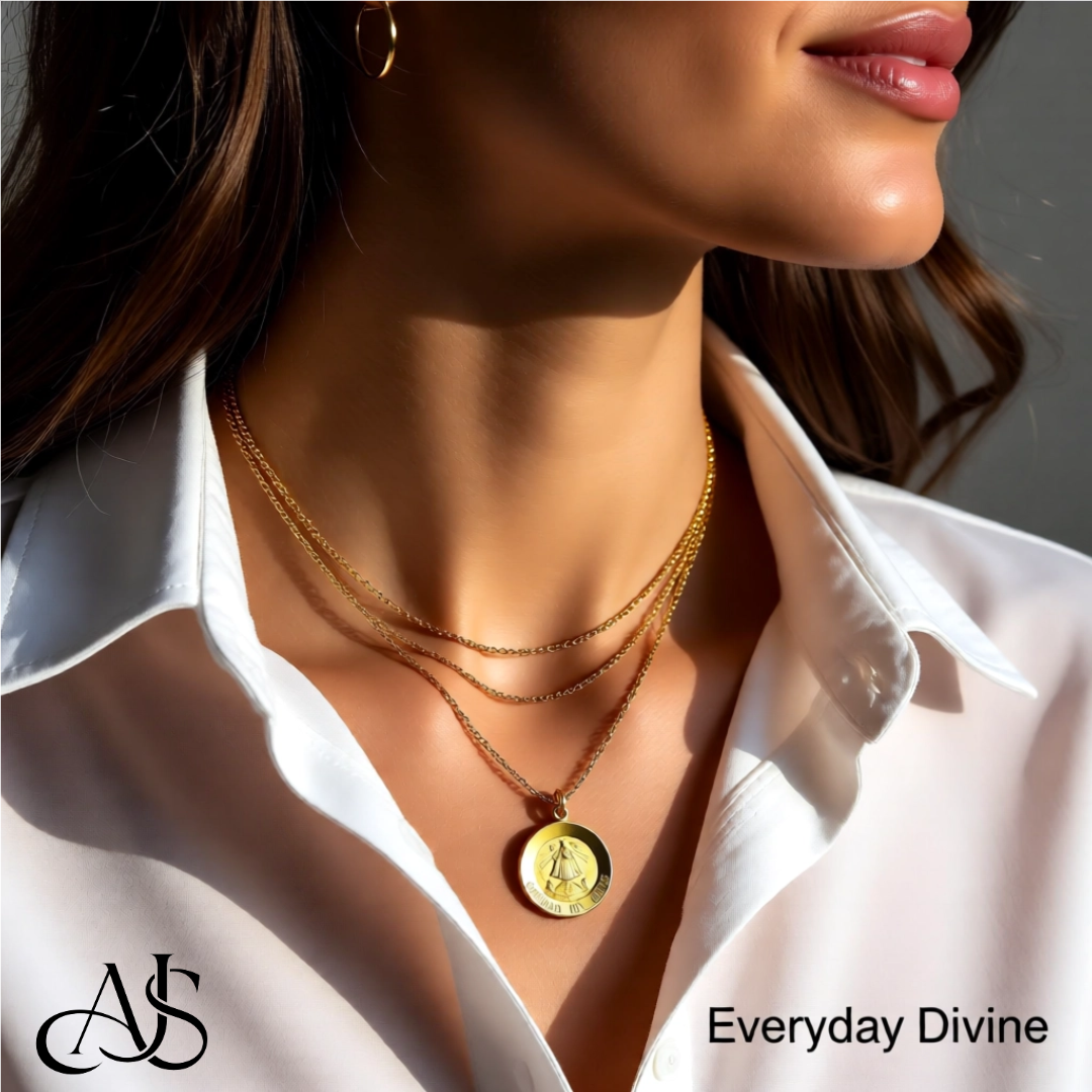 Caridad del Cobre Engravable Round Medal Pendants in 14K Yellow Gold Satin Finished  with Necklace Chain Options