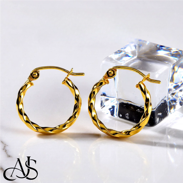 14K Yellow and White Gold Twisted Hoop Earrings 2mm Width