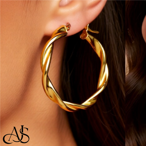 14K Yellow and White Gold Twisted Hoop Earrings 2.75mm Width