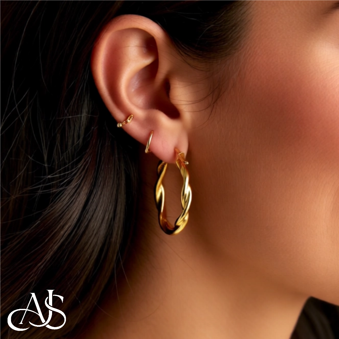 14K Yellow and White Gold Twisted Hoop Earrings 2.75mm Width