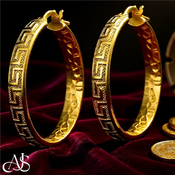 14K Yellow Gold Greek Key Hoop Earrings - Lightweight Thin 4mm Width