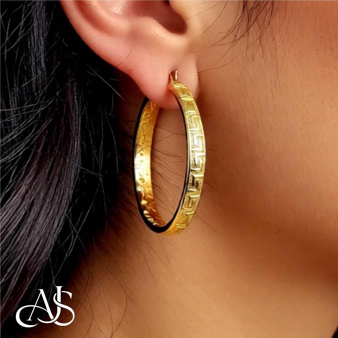 14K Yellow Gold Greek Key Hoop Earrings - Lightweight Thin 4mm Width