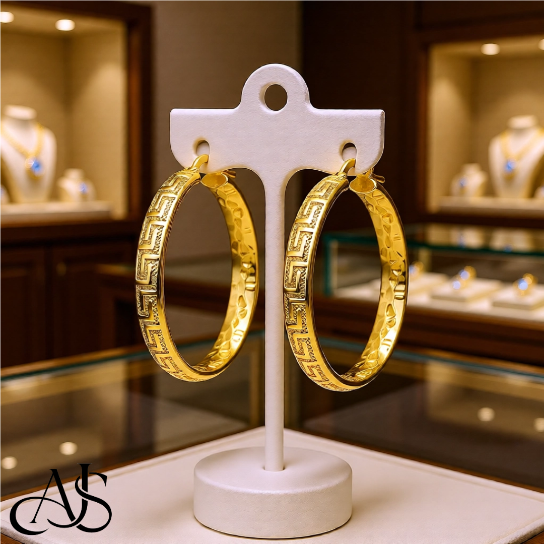 14K Yellow Gold Greek Key Hoop Earrings - Lightweight Thin 4mm Width