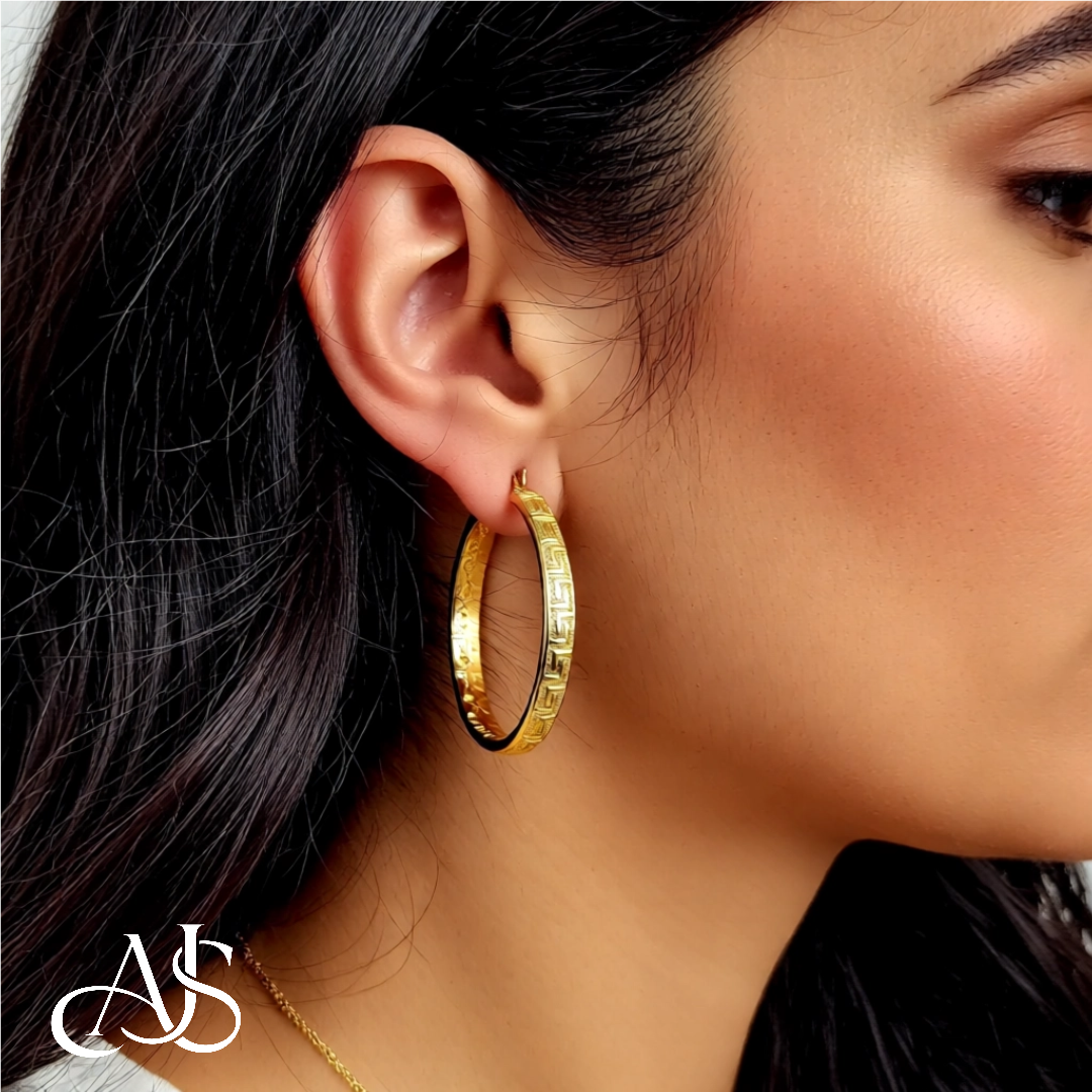 14K Yellow Gold Greek Key Hoop Earrings - Lightweight Thin 4mm Width