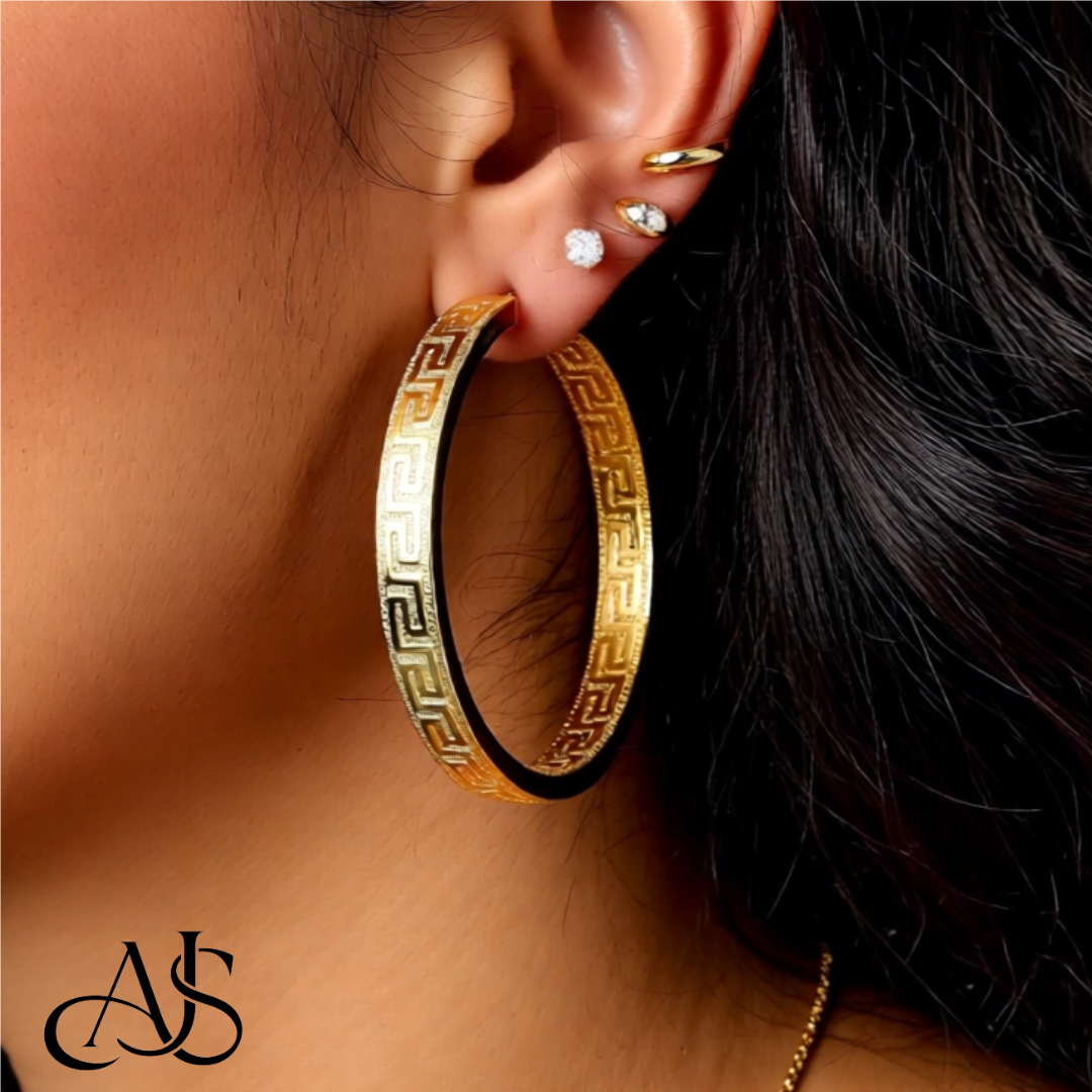 14K Yellow Gold Textured Greek Key Hoop Earrings - Lightweight Thin 4mm Width