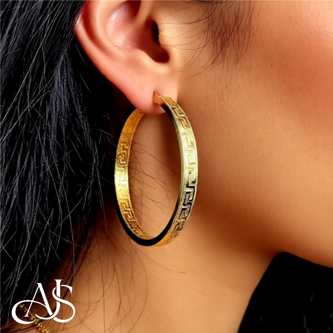 14K Yellow Gold Textured Greek Key Hoop Earrings - Lightweight Thin 4mm Width