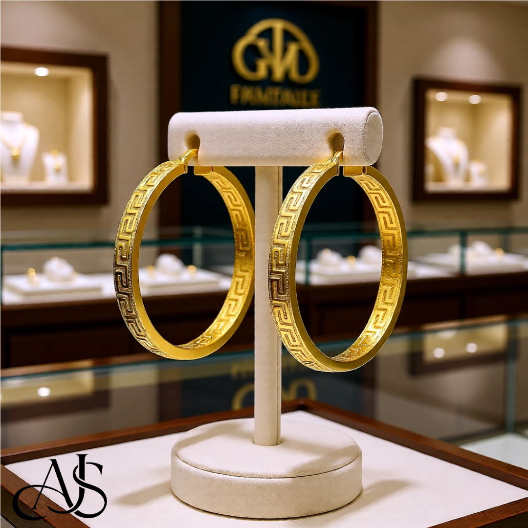 14K Yellow Gold Textured Greek Key Hoop Earrings - Lightweight Thin 4mm Width
