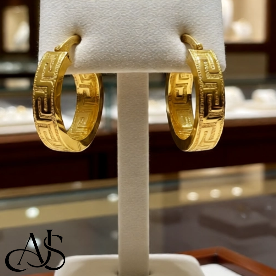 14K Yellow Gold Textured Greek Key Hoop Earrings - Lightweight Thin 4mm Width