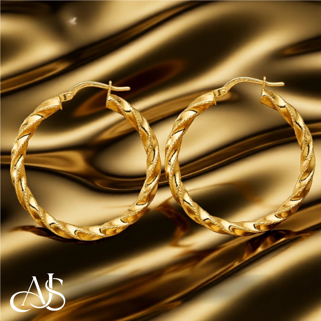 14K Yellow Gold Diamond-cut Twisted Hoop Earrings - Lightweight Thin 3mm Width