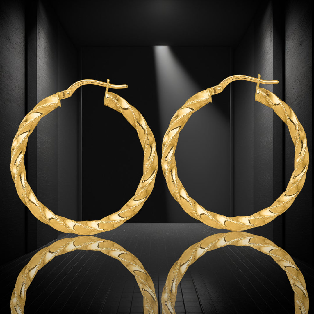 14K Yellow Gold Diamond-cut Twisted Hoop Earrings - Lightweight Thin 3mm Width