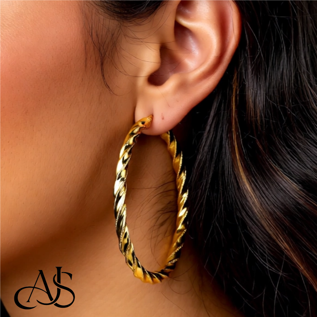 14K Yellow Gold Diamond-cut Twisted Hoop Earrings - Lightweight Thin 3mm Width