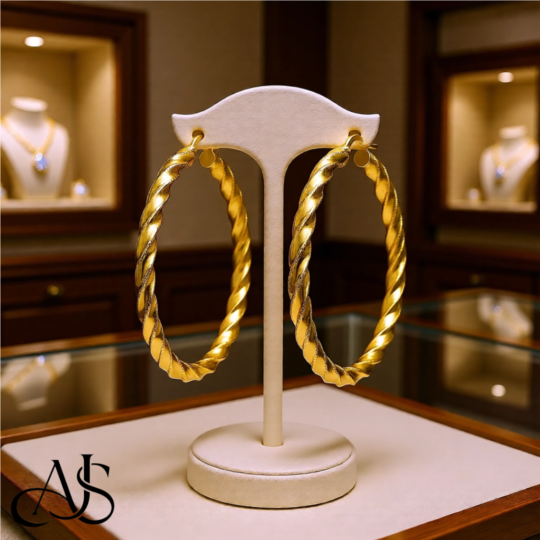 14K Yellow Gold Diamond-cut Twisted Hoop Earrings - Lightweight Thin 3mm Width