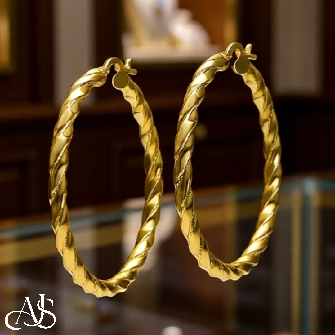 14K Yellow Gold Diamond-cut Twisted Hoop Earrings - Lightweight Thin 3mm Width