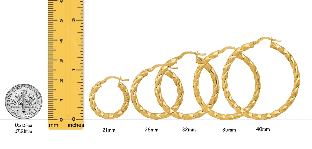 14K Yellow Gold Diamond-cut Twisted Hoop Earrings - Lightweight Thin 3mm Width