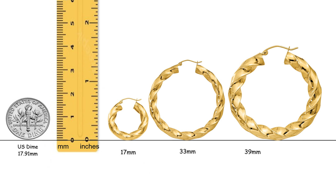 14K Yellow Gold Twist Tube Hoop Earrings 5mm Width in 3 Sizes