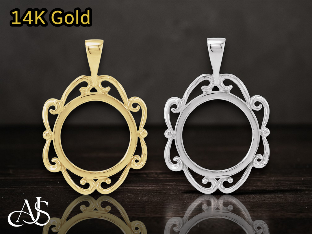 Coin Frame Bezel Tab Back Setting Pendant Mounting in 14K Yellow White Gold and Sterling Silver - 13x1 mm Coin Size