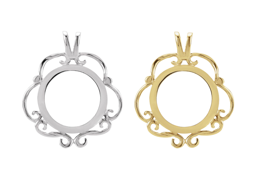 14K Yellow White Gold Polished Finish Coin Frame Bezel Pendant Mounting - 13x1 mm Coin Size